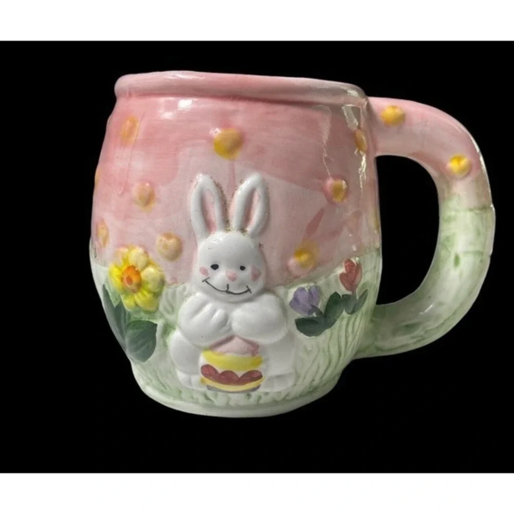 Vintage 2004 Ceramic Easter Bunny Mug Bunny Basket Jar Pink‎ Egg Collectibles